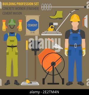 Profession and occupation set. Concrete worker tools and  equipment, mason`s uniform flat design icon.Vector illustration Stock Vector